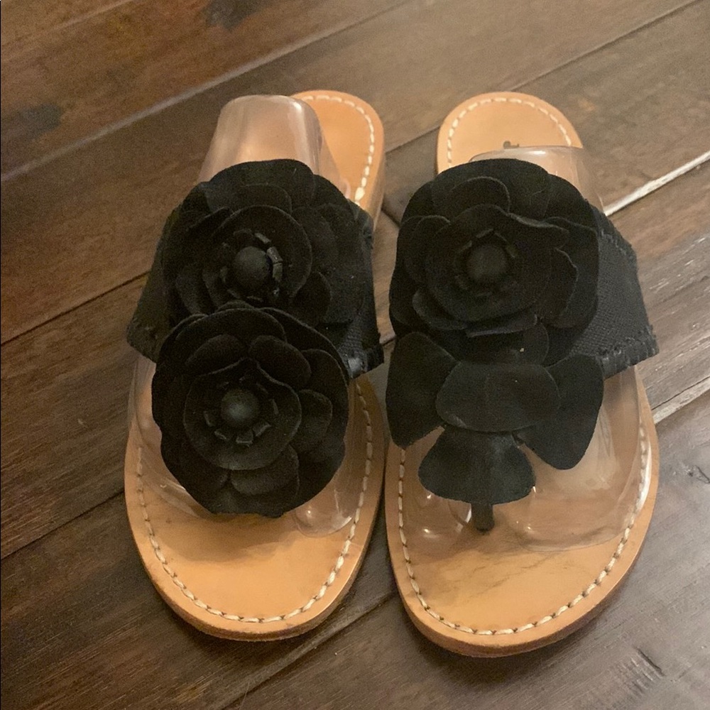 Jack Rogers Black and Tan Floral Sandals Left front Flower missing